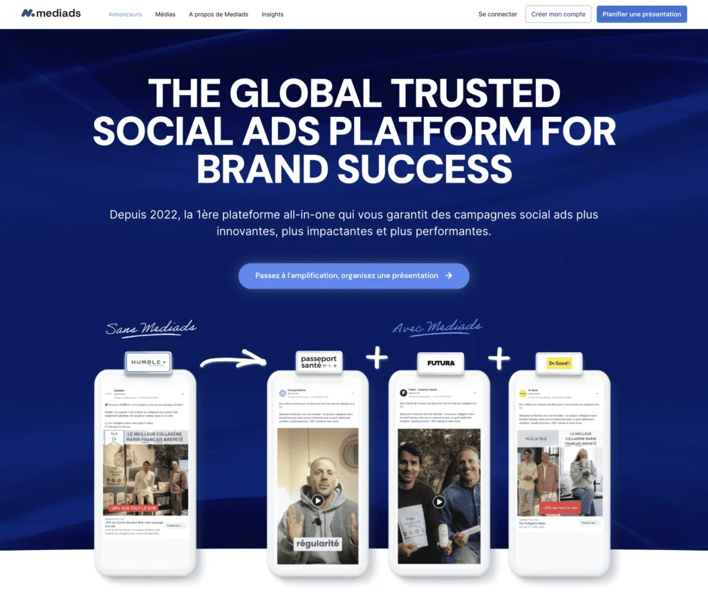 Mediads, amplification marketing. Screenshot de la home du site web